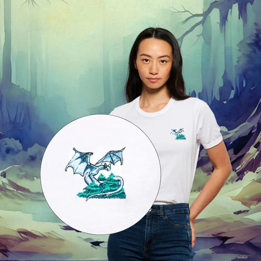 T-shirt fantaisie brode blanc pour femme avec broderie dragon, photo de couverture