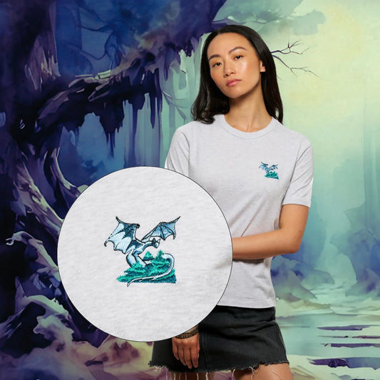 T-shirt fantasy brode gris pour femme avec broderie dragon, photo de couverture