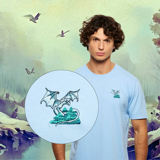 T-shirt fantasy brode bleu pour homme avec broderie dragon, photo de couverture