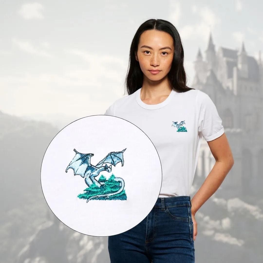 T-shirt fantaisie brode blanc pour femme avec broderie dragon, photo de couverture