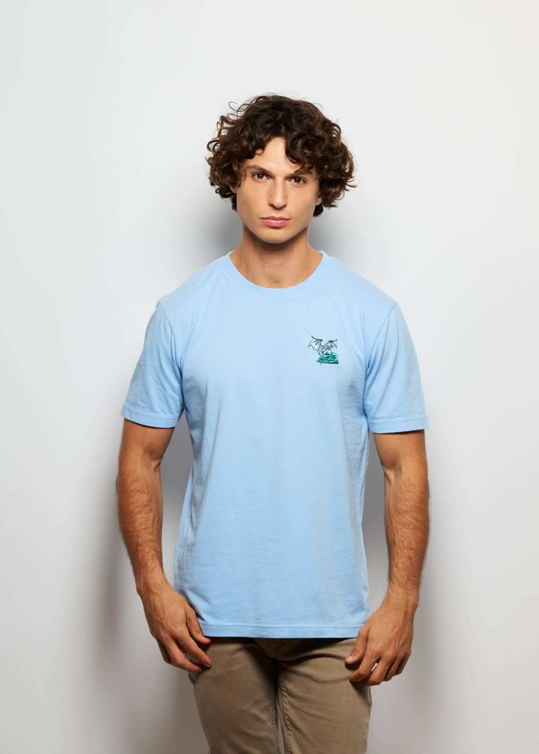 Tshirt original brode bleu pour homme avec broderie dragon, photo de face